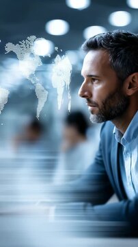 Confident businessman in modern office environment looks thoughtfully at digital world map hologram, symbolizing global business strategy, innovation. Futuristic workspace atmosphere enhances focus