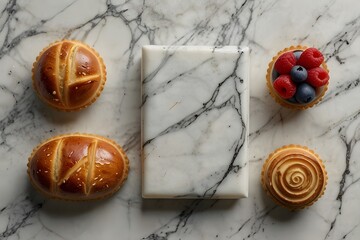 French pastry food template, overhead flat lay, clean marble surface
