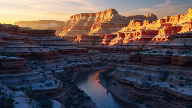 Golden hour canyon scene with sculpted cliffs and winding river under dramatic sky.