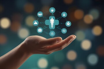 Medical coverage concept, close-up hands holding icon, defocused background
