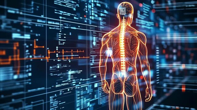 Holographic human figure displays nerve connections while surrounded by data and graphics in a digital environment