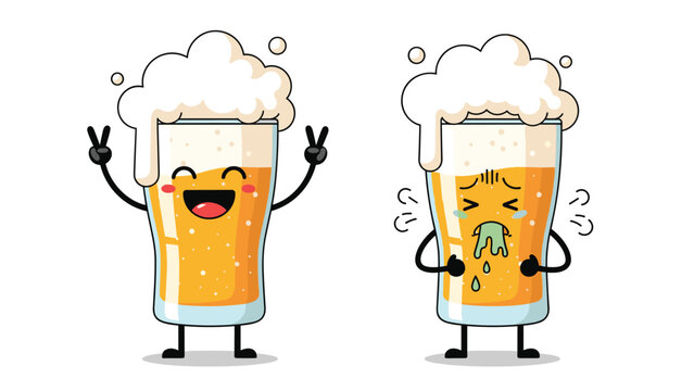 Comparison of a happy beer glass character with a celebratory expression and a sick one with a nauseous look.