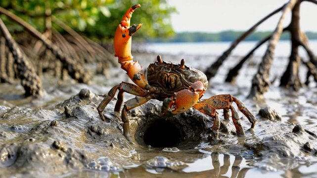 Closeup of a vibrantly colored male fiddler crab emerging from its burrow in the glistening mud flat.