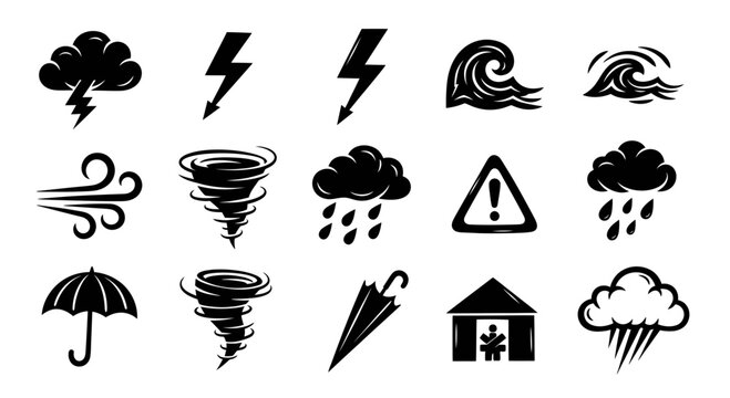 Collection of weather-related icons including storms, clouds, rain, wind, and safety symbols