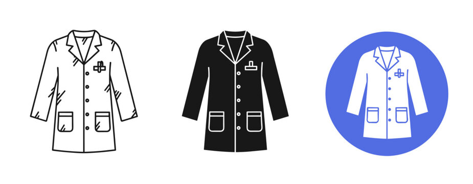 Three lab coats icon set: outline, solid, and colored versions for medical professionals
