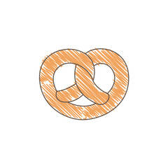 A round pretzel with crossed ends and textured interior hatching suggesting a baked surface casual artistic sketch with thin uneven lines and warm caramel tones Line art vector illustration