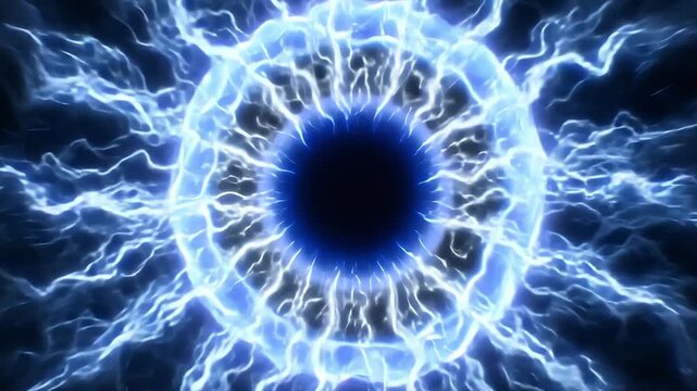Electric energy radiates in all directions, forming intricate shapes with bright blue light against a dark background