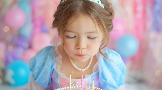 Little girl wearing princess dress and tiara posing at colorful birthday party with pastel balloons and festive decorations