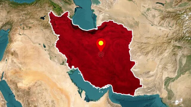 Iran map animation with location pin marker, highlighted country outline, Middle East geographic region infographic seamless loop background