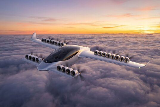 Rear view of white evtol air taxi cruising over cloudscape during golden hour aviation technology concept