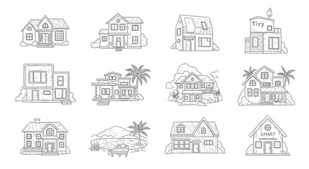 Collection of 12 diverse house sketches, including modern, traditional, tropical, and playful designs