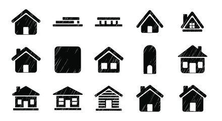 Obraz premium Collection of 15 black and white hand-drawn house icons with varied shapes and roof styles