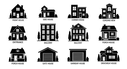 Fototapeta premium Collection of various house silhouettes with distinct architectural features, labeled with different house types