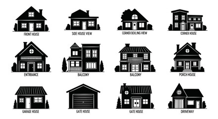 Naklejka premium Collection of 12 black and white house icons depicting various architectural styles and features