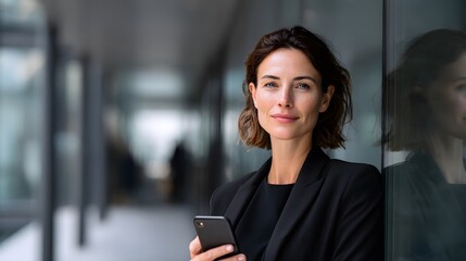 Fototapeta premium A professional businesswoman holding a smartphone in a modern office building
