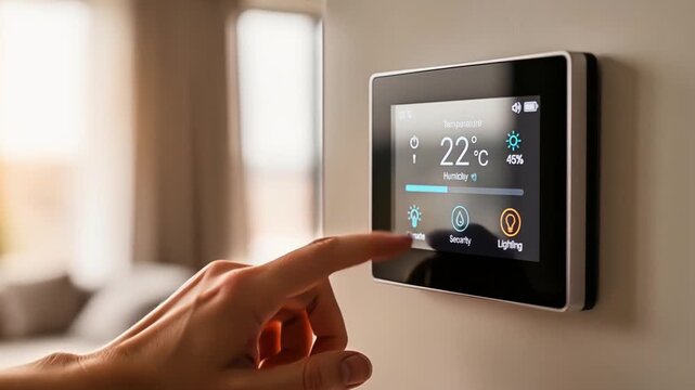 User interacts with digital thermostat in brightly lit living space