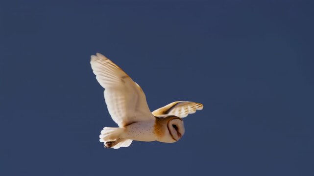 Barn Owl in Flight Against a Clear Blue Sky.