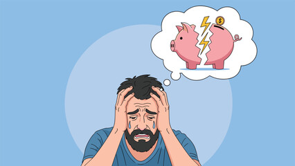 Fototapeta premium Stressed man holding his head in despair while thinking about a broken piggy bank and financial loss concepts.