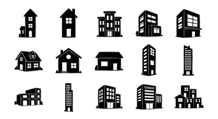 Fototapeta premium Variety of black and white building silhouettes including houses, apartments, and skyscrapers