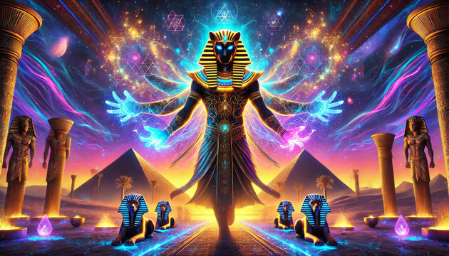 Mythical Egyptian inspired deity standing between pyramids in vibrant cosmic colors, blending ancient symbolism with futuristic energy, sacred power and luminous celestial atmosphere