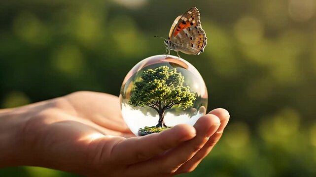 Butterfly Resting on Glass Globe with Tree in Hand Nature Concept

