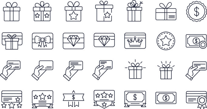 Gift box, reward card and payment icons set, loyalty program, shopping bonus, discount coupon vector line collection design