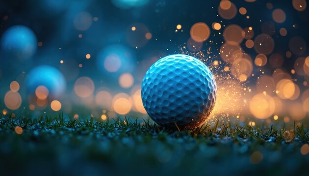 Blue golf ball rests on green grass, surrounded by glowing bokeh lights. Sparks fly around the ball, suggesting intense action or a dramatic moment on the course.