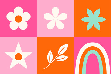 Colorful floral and abstract shapes arranged in a nine-panel grid.