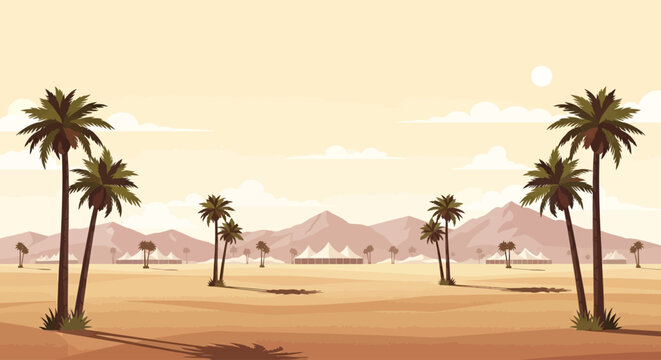 A serene flat design illustration showcasing the iconic Coachella Valley desert landscape, complete with majestic palm trees and distant mountains. 