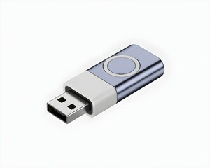 Sleek metallic gray and white U S B flash drive with rounded casing on plain background flashdrive