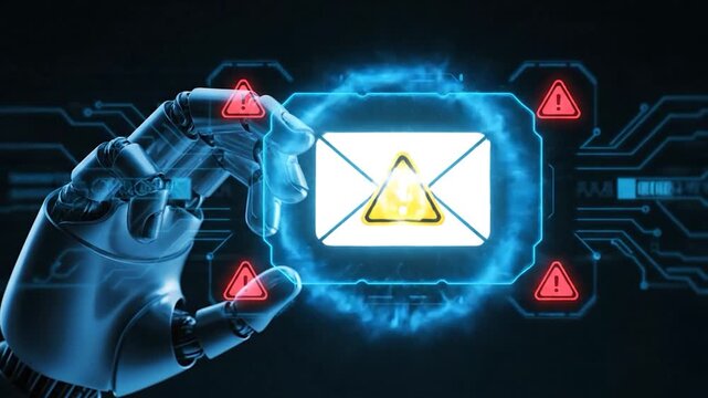 A robotic hand grasps a glowing interface with an email symbol and alert icons