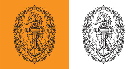 Ornate Seahorse Wrapped Around Anchor with Coral Reef Border © Hamdani