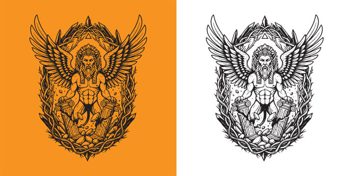 Powerful Winged Deity Guardian Breaking Stone Pillars Mythology Art