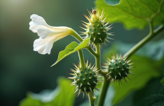 Datura stramonium plant shows white trumpet flower and spiny green seed pods. The thorn apple grows wild outdoors in summer sunlight with rich green leaves.