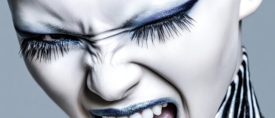 Fierce Fashion Makeup Portrait: Avant-Garde Close-Up Showing Dramatic Blue Metallic Lips And Intense Emotion