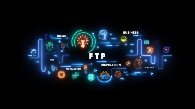 Neon light infographic diagram illustrating FTP business concept with icons and text file transfer protocol