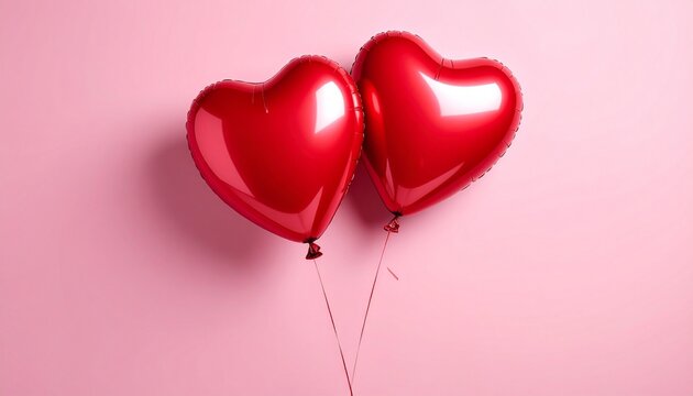 "Two red heart balloons on pink background"