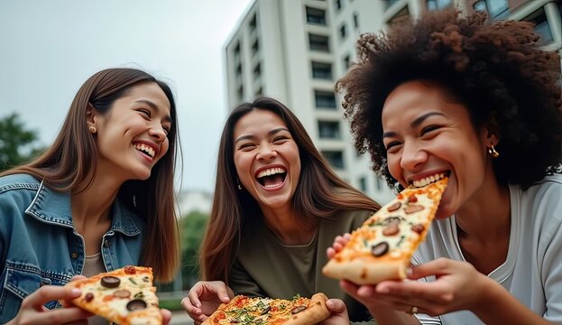 AI gruppo di ragazze che mangia la pizza felice 03
