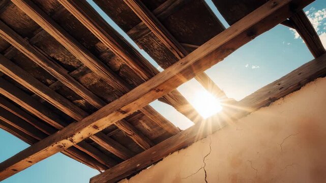 View upward through missing roof structure reveals bright sun and cracked adobe wall
