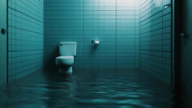 Flooded teal tiled restroom with  submerged white toilet and rippling water surface