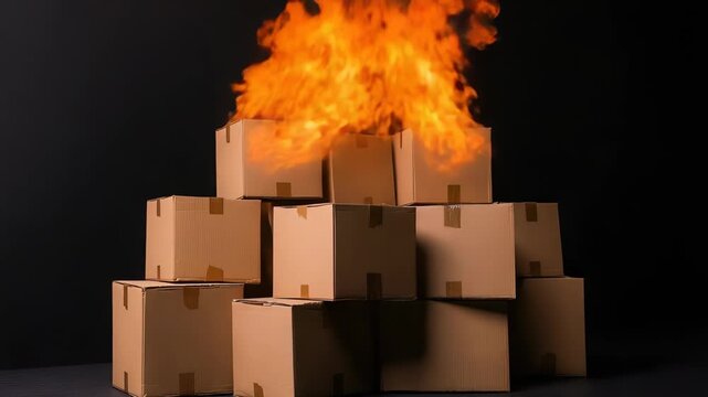 Stack of cardboard boxes on fire against  dark  studio shot