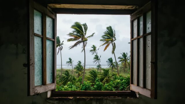 View through an open weathered window to stormy tropical beach with swaying palm trees
