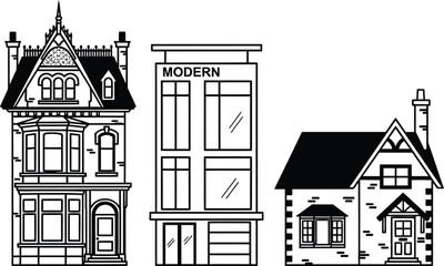 Fototapeta premium Set of various house architecture building styles isolated on a white background.