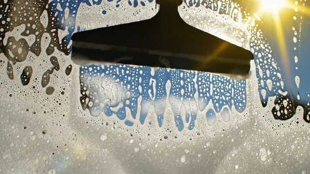 A squeegee removes white soap foam from a glass surface against a bright blue sky. The scene is sunny and fresh, symbolizing cleanliness and clarity. Perfect for household or service advertising.