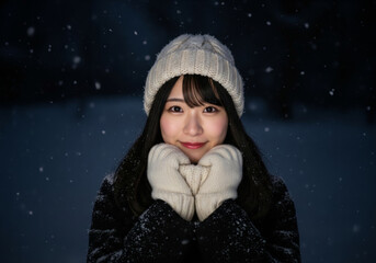 雪が舞い散る夜にニット帽と手袋で防寒して微笑む女性