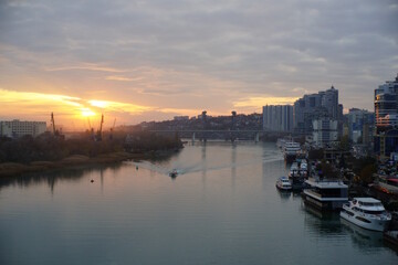 Obraz premium View of the city area and the embankment in Rostov-on-don. Sunset.