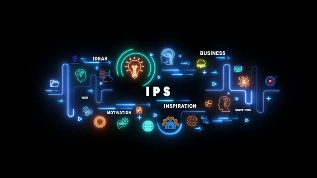 Neon light infographic diagram with IPS text and business concepts on black background image photo