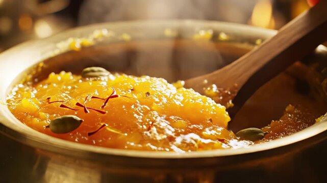 Golden Halwa Dessert Being Stirred in Ornate Brass Bowl with Cardamom and Saffron Garnishes