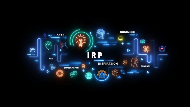 Neon light infographic diagram with IRP text and business concepts on black background image photo