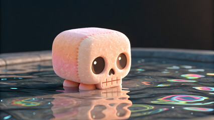 Cute plush cubic skeleton toy floating on reflective water with colorful oil spill background